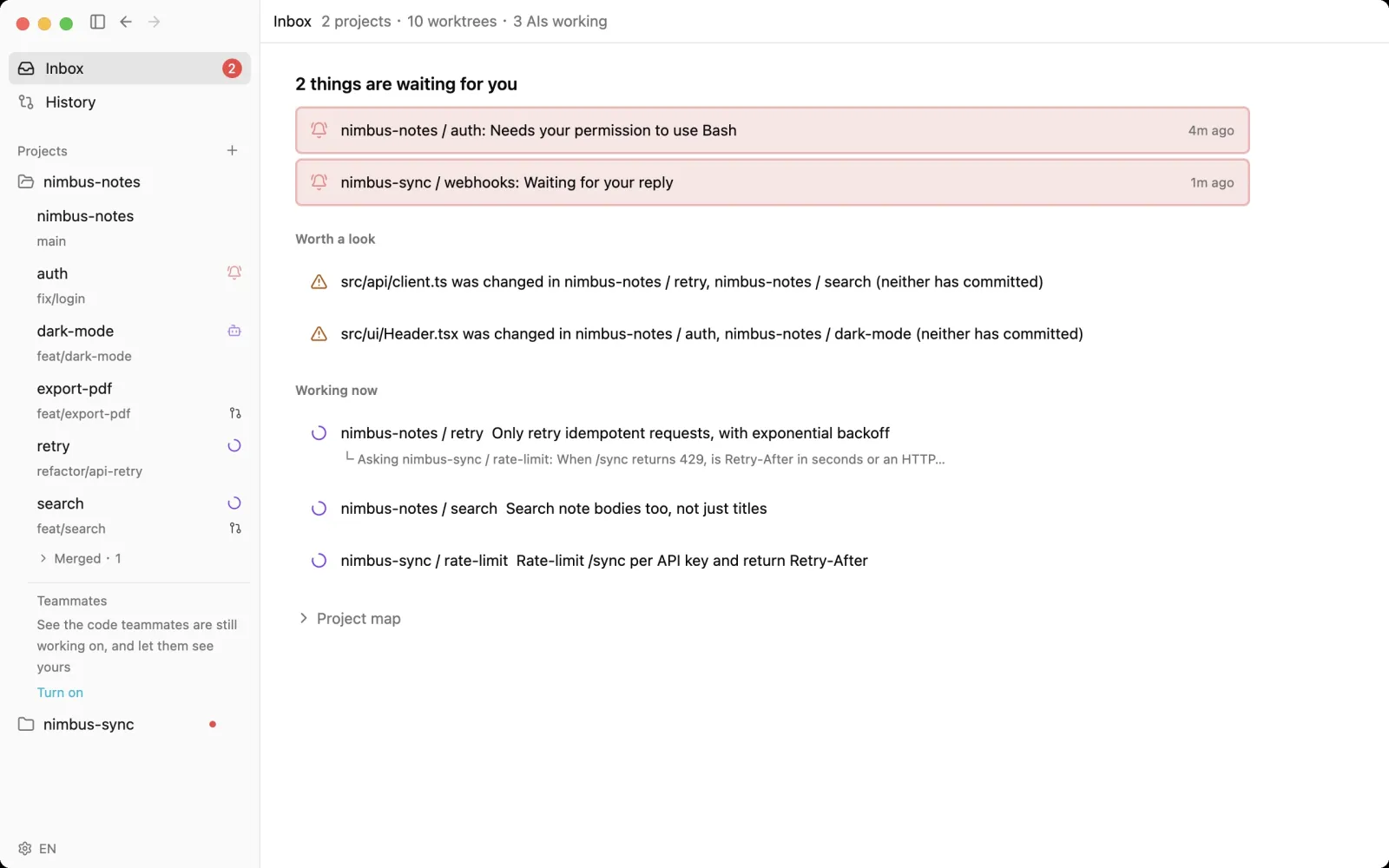 The gtree Inbox: two agents waiting for you, two files changed in two worktrees at once, three agents working